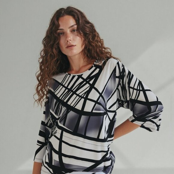 Allison Daley Petite Large 80s Shimmery Avant Garde Abstract Black White Blouse - Picture 1 of 6